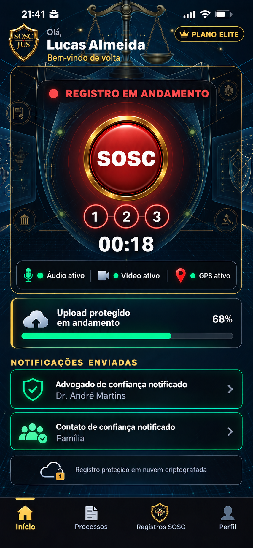Tela de acionamento SOSC por três toques
