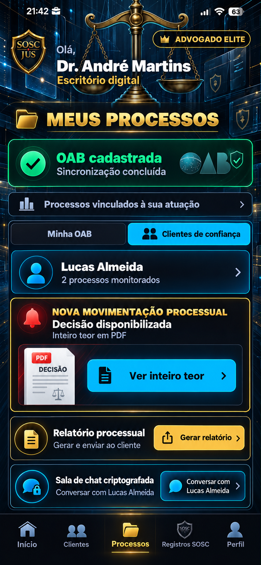 Tela Meus Processos do advogado